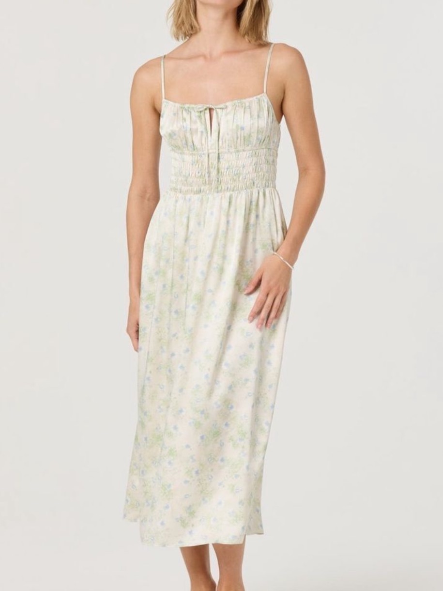 Astr The Label Milkmaid Cream Floral Smocked Midi Dress With Spaghetti Straps